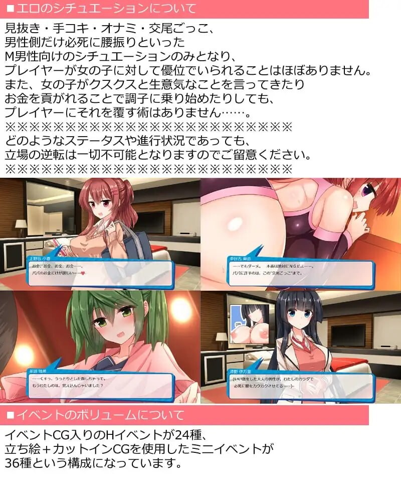 新汉化[日式SLG/逆推/男性受] 全员女主角都瞄准了你的钱包！～赚钱供奉女孩子的“爸爸活”SLG～ ヒロイン全員お財布狙い!～お金を稼いで女の子に貢ぐパパ活SLG～ AI汉化版+存档 [850M]